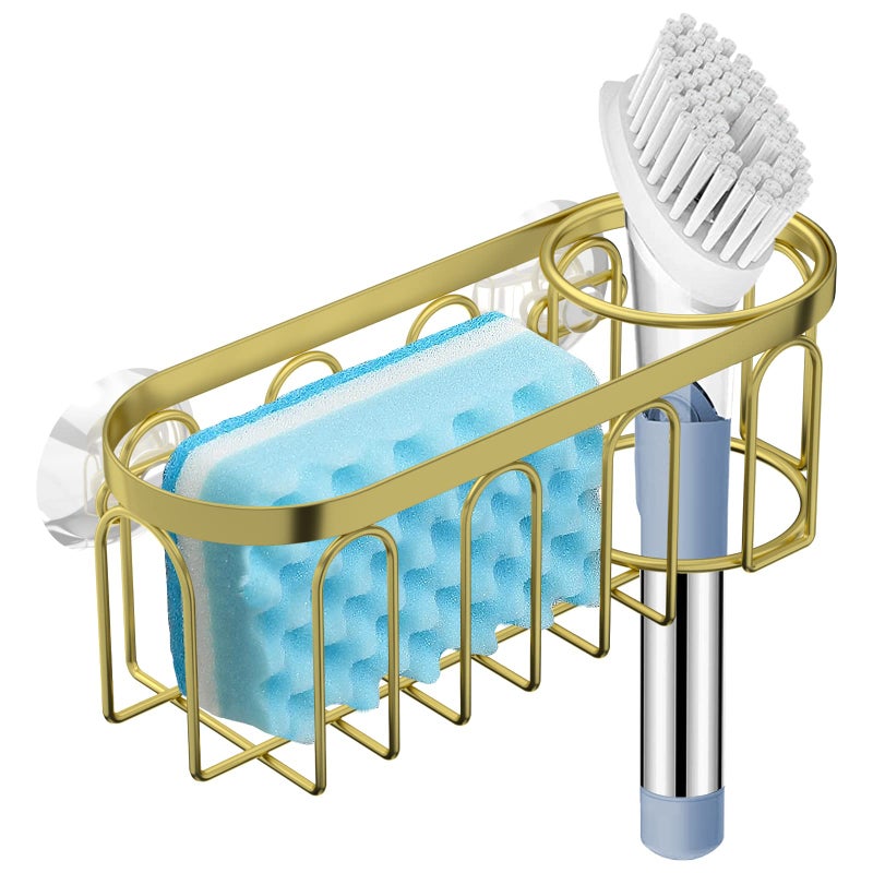 Yazoni 2-in-1 Sponge Holder for Kitchen Sink, Suction Cup Sponge Rack Kitchen Caddy, No Drill Rustproof Sink Organizer for Place Dishwashing Brush Soap (Gold) - Image 1